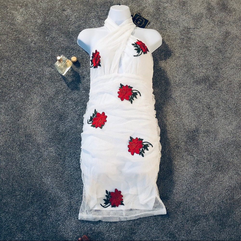 Red RoseHalter Ruched Mesh Dress - Picture 2 of 6